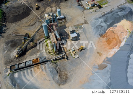 Heavy machinery materials are organized at construction site, surrounded by piles during industrial mining Heavy machinery materials are organized at construction site, surrounded by piles during industrial mining 127580111