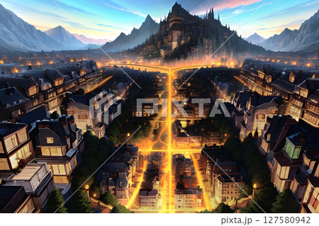 ゲーム背景 夜明け前の山に囲まれたライトアップされた町風景 ゲーム背景 夜明け前の山に囲まれたライトアップされた町風景 127580942