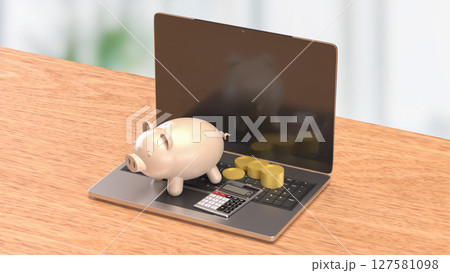 The Piggy bank and coins for earn or Business concept 3d Rendering. 127581098