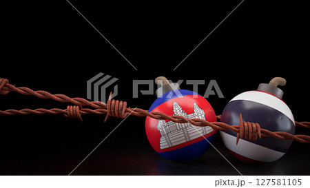 The Thailand and Cambodia flag on Bomb for crisis or war concept 3d Rendering. The Thailand and Cambodia flag on Bomb for crisis or war concept 3d Rendering. 127581105