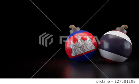 The Thailand and Cambodia flag on Bomb for crisis or war concept 3d Rendering. The Thailand and Cambodia flag on Bomb for crisis or war concept 3d Rendering. 127581108
