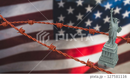 The Statue of liberty and barbed wire on America flag 3d Rendering. 127581116
