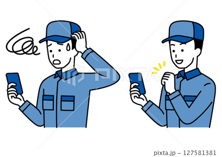 スマートフォンを操作するつなぎ作業服の男性のセット（失敗 / 成功） 127581381