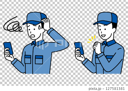 スマートフォンを操作するつなぎ作業服の男性のセット（失敗 / 成功） 127581381