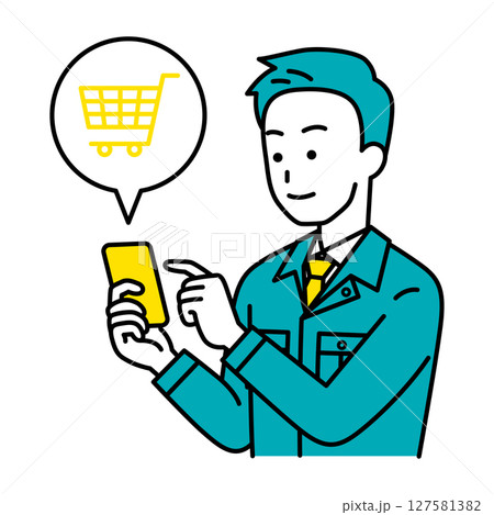 スマートフォンでネットショッピングをする作業員の男性 127581382
