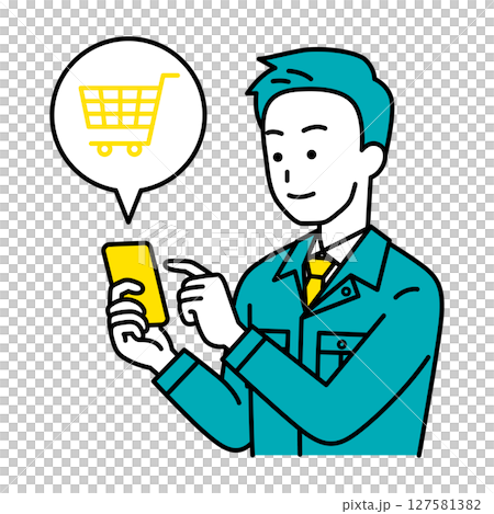 スマートフォンでネットショッピングをする作業員の男性 127581382
