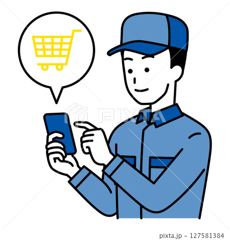 スマートフォンでネットショッピングをするつなぎ作業服の男性 127581384