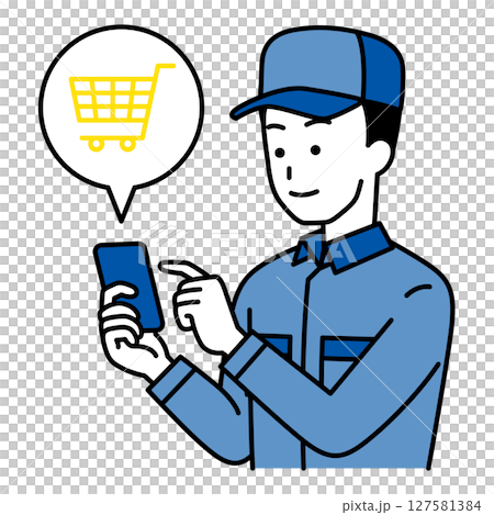 スマートフォンでネットショッピングをするつなぎ作業服の男性 127581384