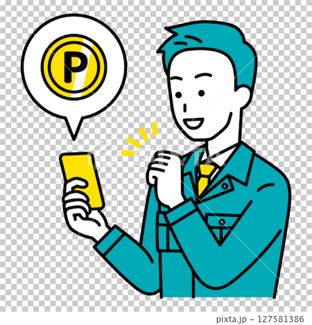A male worker earns points using a smartphone A male worker earns points using a smartphone 127581386