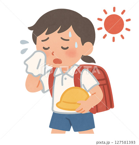 炎天下で汗をかいて帰宅する小学生, 暑さでぐったりする女の子の下校風景, 熱中症になりかけた小学生の 炎天下で汗をかいて帰宅する小学生, 暑さでぐったりする女の子の下校風景, 熱中症になりかけた小学生の 127581393