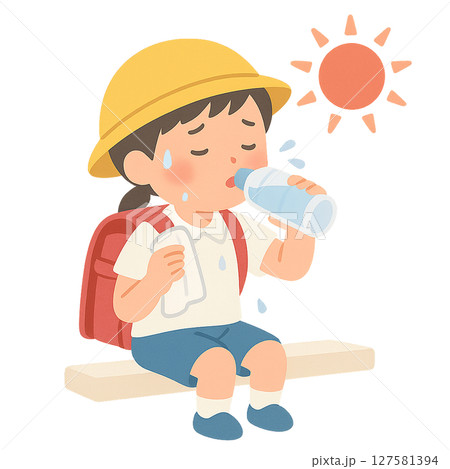 炎天下で水分補給する小学生, 熱中症対策で水を飲むランドセル姿の子ども, 登下校中に暑さで汗をかく小 127581394