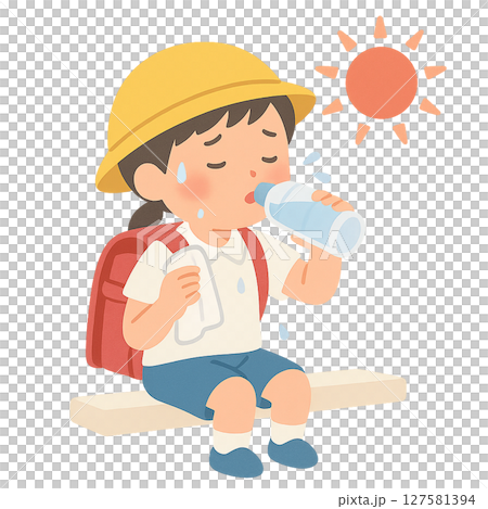 炎天下で水分補給する小学生, 熱中症対策で水を飲むランドセル姿の子ども, 登下校中に暑さで汗をかく小 127581394