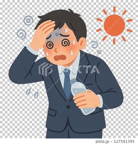 Businessman almost suffering from heat stroke in hot weather, man in suit staggering in heat, sweating and feeling dizzy outdoors 127581395