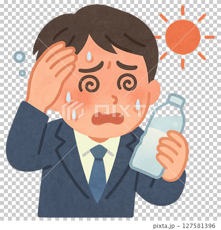 猛暑でふらつくスーツ姿の男性, 炎天下で熱中症になりかけるビジネスマン, 暑さにやられて目を回すサラ 127581396