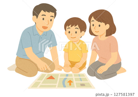 家庭で避難経路を確認する家族, 防災マップを囲んで話し合う親子, 災害時に備えて避難ルートを確認する 127581397