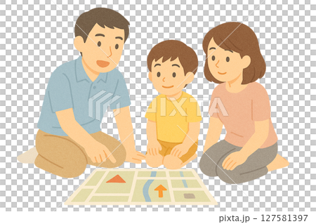 家庭で避難経路を確認する家族, 防災マップを囲んで話し合う親子, 災害時に備えて避難ルートを確認する 127581397