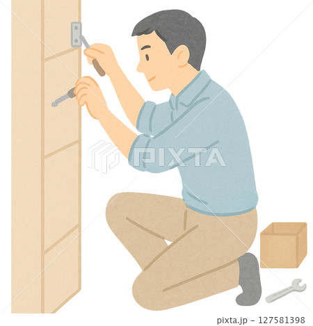 家具の転倒防止対策をする男性, 地震に備えて家具を固定する男性, 室内で安全対策を行う大人の男性 家具の転倒防止対策をする男性, 地震に備えて家具を固定する男性, 室内で安全対策を行う大人の男性 127581398