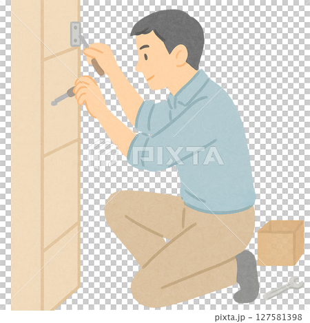 一名男子採取措施防止家具倒塌，一名男子修理家具以防地震，一名成年男子在室內採取安全措施 127581398