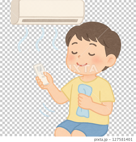 Boy cooling off with air conditioner breeze, Child using air conditioner to prevent heat stroke, Boy spending comfortable time at home in summer 127581401