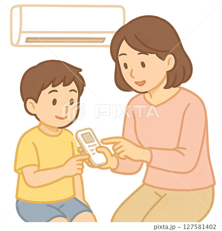 エアコンのリモコン操作を学ぶ親子、エアコンの使い方を教える母と息子、熱中症対策で涼しく過ごす親子 127581402