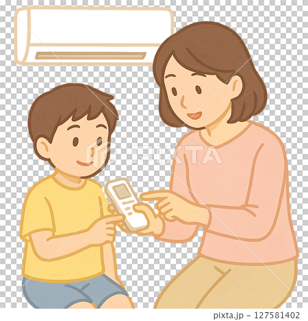 エアコンのリモコン操作を学ぶ親子、エアコンの使い方を教える母と息子、熱中症対策で涼しく過ごす親子 127581402