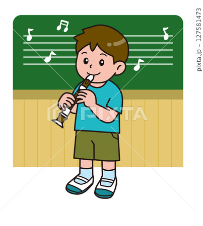 音楽室背景_音楽の授業_リコーダー_男の子 127581473
