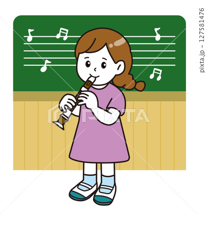 音楽室背景_音楽の授業_リコーダー_女の子 127581476
