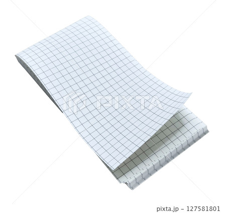 A blank notebook with a curved sheet of paper at the corner isolated on white background 127581801