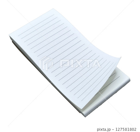A blank notebook with a curved sheet of paper at the corner isolated on white background A blank notebook with a curved sheet of paper at the corner isolated on white background 127581802