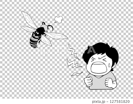 Monochrome illustration of a screaming child and an excited hornet 127581820