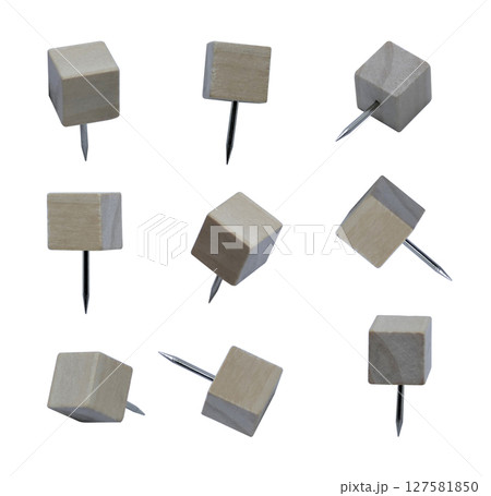 Set of wooden paper pins isolated on white background 127581850