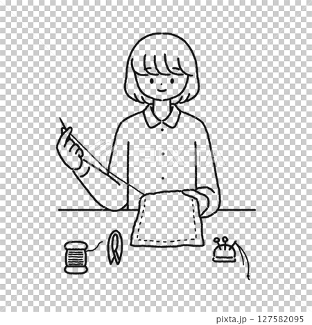 女人縫紉線描 女人縫紉線描 127582095