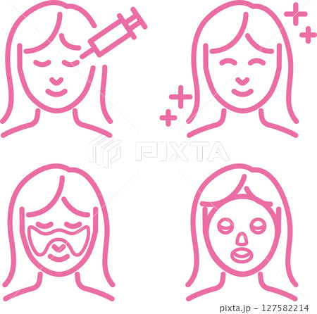 アイコン　美容　肌　顔　医療　治療　美容医療　エステ　人物　女性　線　シンプル　イラスト素材セット 127582214