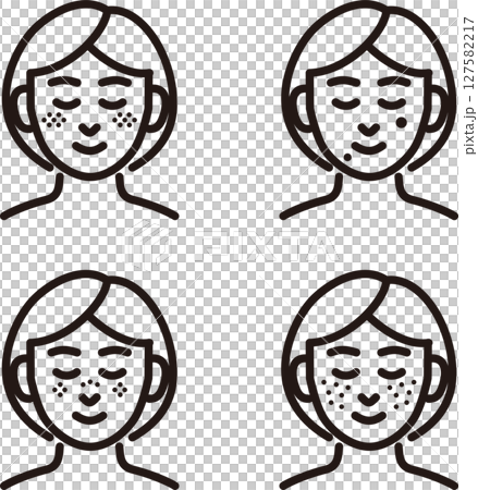 アイコン　美容　肌　顔　シミ　医療　治療　美容医療　人物　女性　線　シンプル　イラスト素材セット 127582217