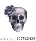 Scull with roses in the eye gothic magical texture isolated on white background. Watercolor hand drawn esoterics skull illustration. Art for design mystical halloween witch decoration, scary card 127582426