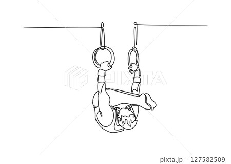 Continuous one line drawing male athlete doing complicated exciting trick on gymnastic rings in professional gym. Movement, action, motion, dynamic. Single line draw design vector graphic illustration 127582509