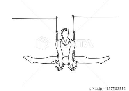 Continuous one line drawing muscular male gymnast exercising on gymnastic rings in modern health club. Gymnast athlete perform stunt in sportswear. Single line draw design vector graphic illustration Continuous one line drawing muscular male gymnast exercising on gymnastic rings in modern health club. Gymnast athlete perform stunt in sportswear. Single line draw design vector graphic illustration 127582511