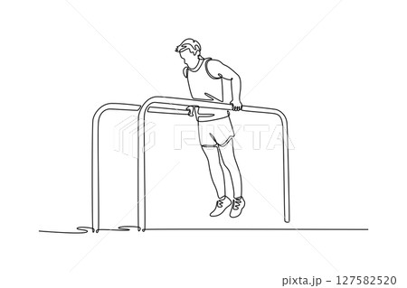Single continuous line drawing flexible gymnast exercise parallel bars in championship gymnastics. Movement, action, motion, healthy lifestyle. Dynamic one line draw graphic design vector illustration Single continuous line drawing flexible gymnast exercise parallel bars in championship gymnastics. Movement, action, motion, healthy lifestyle. Dynamic one line draw graphic design vector illustration 127582520