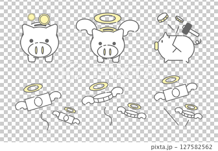Flying money and a broken piggy bank icon set 127582562