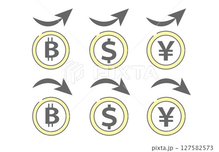通貨の上昇・下降アイコンセット（ビットコイン・ドル・円） 127582573