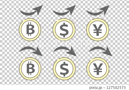 通貨の上昇・下降アイコンセット（ビットコイン・ドル・円） 127582573