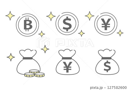 通貨マーク入りコインとお金袋のアイコンセット 127582600