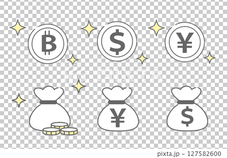 通貨マーク入りコインとお金袋のアイコンセット 127582600