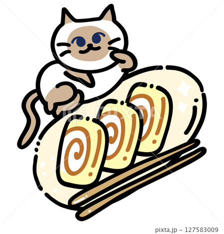 Cute Siamese Cat with Japanese Tamagoyaki Roll Kawaii Food Illustration 127583009