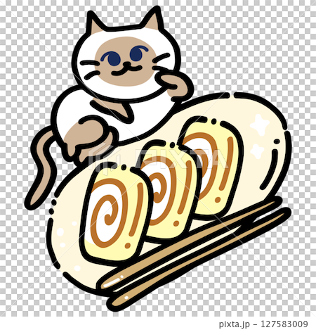 Cute Siamese Cat with Japanese Tamagoyaki Roll Kawaii Food Illustration 127583009