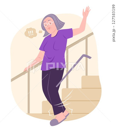 Elderly Woman Stumbles and Falling Down from Stairs for Accident Concept Illustration Elderly Woman Stumbles and Falling Down from Stairs for Accident Concept Illustration 127583199