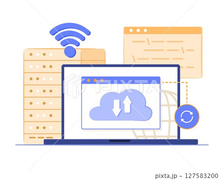 Laptop Computer Syncing Cloud Computing Server via Wi-Fi Signal for Internet and Wireless Connection Technology Concept Illustration 127583200