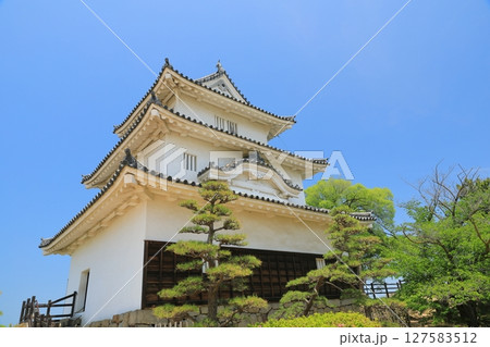 快晴の青空の下の丸亀城天守閣の絶景 127583512
