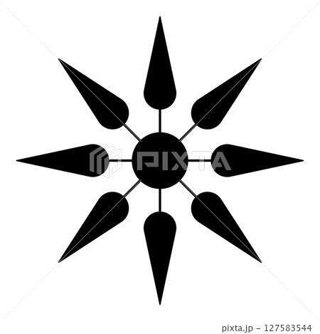 Eight-pointed star, crop circle pattern. Eight geometric shapes, similar to leaves, arrowheads, or drops, arranged around a circle, their tips facing outwards, and connected with lines to the center. 127583544