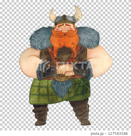 Viking in a helmet, a strong man with folded hands stands on a white background Viking in a helmet, a strong man with folded hands stands on a white background 127583586
